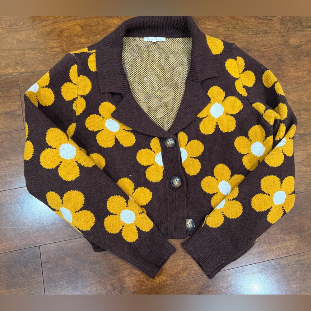 Women's Floral Knit Sweater and Pant Set - Brown and Yellow - Picture 2 of 5